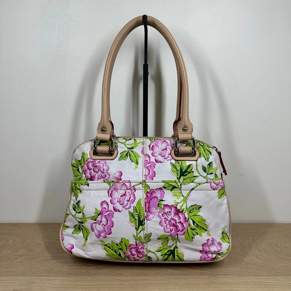 Tignanello Satchel Handbag White Pink Green Floral Leather Cottagecore Y2K Purse